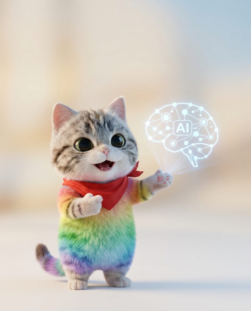 AIを指さす虹色の猫（制作中の作品のイメージ）