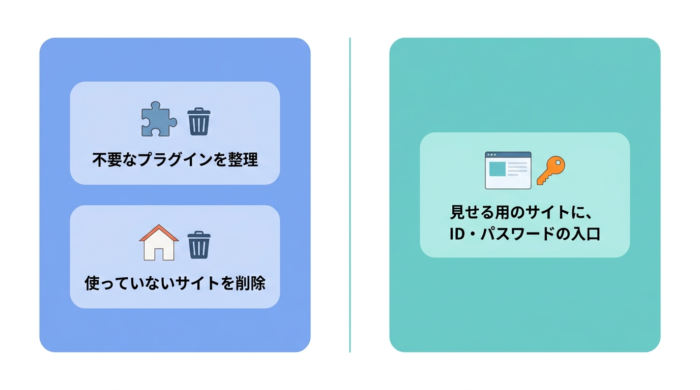 左に「不要なプラグインを整理」と「使っていないサイトを削除」、右に「見せる用のサイトに、ID・パスワードの入口」を置いた対比図。
